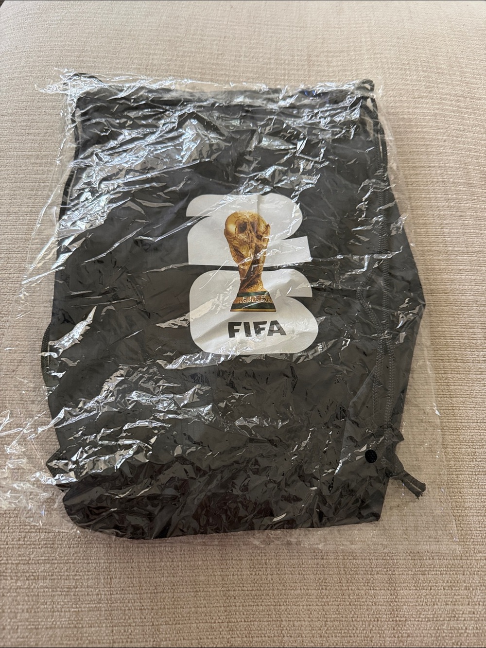 FIFA World Cup 26 Small Black Drawstring Backpack with World Cup Trophy Graphic